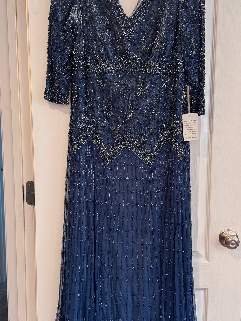 Pisarro Nights Navy Beaded V-Neck Long Sleeve Evening Gown
